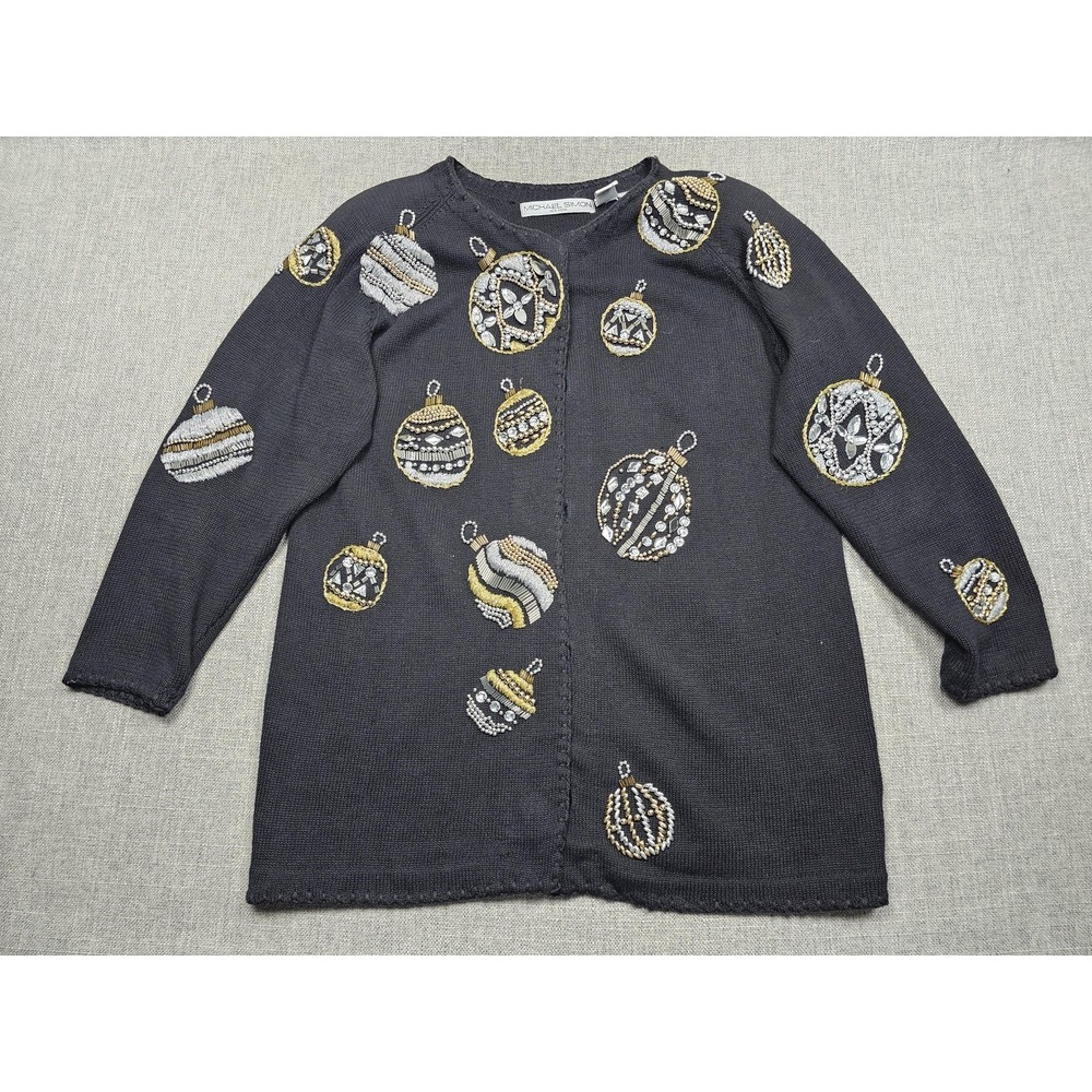 VINTAGE Michael Simon Sweater Womens 2 Black Christmas Ornaments Cardigan 90s